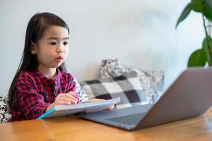 Asian girl or daughters use notebooks and technology for online learning during school holidays and watching cartoons at home. Educational concepts and activities of the family photo