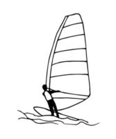 Simple vector sketch in black outline. Windsurfer on the waves, extreme water sport, windsurfing, athlete. Sail, sea, lake. Ink drawing for print, logo, label.