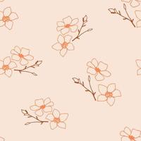 Hand-drawn vector gentle calm light seamless pattern in rural style. Simple orange flowers, twigs on a pale pink background. For prints of fabric, textile products, wallpaper.