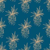 Simple abstract floral vector seamless pattern. Hand-drawn light beige outline of a flower, leaves on a blue background. For prints of fabric, textile products, wallpaper, clothes.