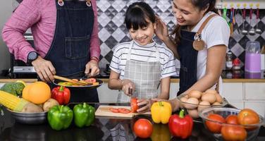 Asian families are cooking and parents are teaching their daughters to cook in the kitchen at home. Family activities on holidays and Happy in recreation concept photo