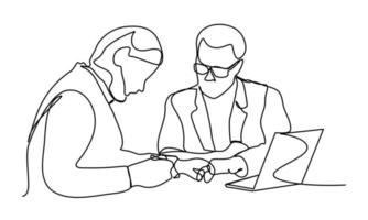 continuous line drawing of a group of business people having discussions in the conference room. A young professional business team is talking about a new project. vector