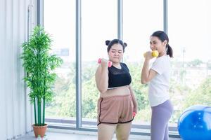 two Asian woman exercising with dumbbell at home photo