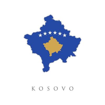 Vector illustration with Kosovo national flag with shape of this map. Map with flag of Kosovo isolated on white. National flag for country of Kosovo isolated