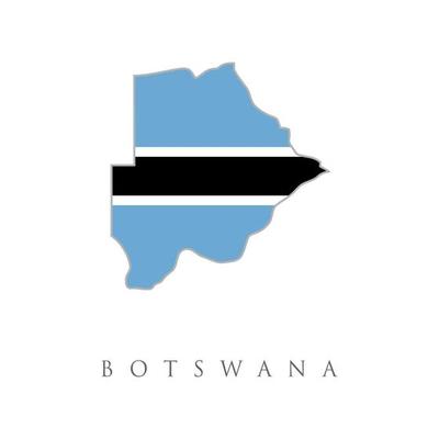 Map and flag of Botswana. Map outline and flag of Botswana, a light blue field cut horizontally in the centre by a black stripe with a thin white frame. with name text Republic of Botswana.