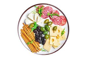 cheese plate snack sausage, olive, bread stick fresh appetizer meal food photo