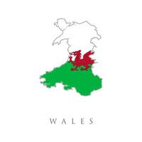 Wales United Kingdom Flag with Map. Wales Flag Map. Map of Wales United Kingdom, UK with the Welsh national flag isolated on a white background. Vector Illustration.