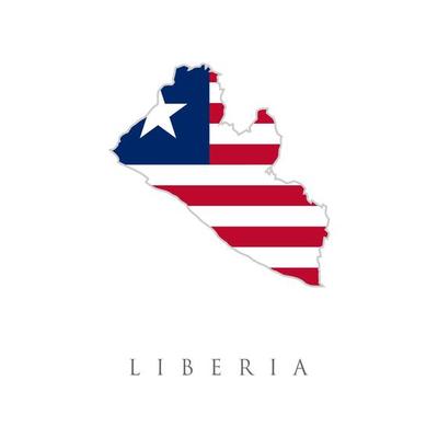 Map of Liberia with an official flag. Illustration on white background. Map outline and flag of Liberia, Eleven horizontal stripes alternating red and white in the canton a white star on a blue field