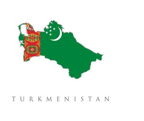 Country shape outlined and filled with the flag of Turkmenistan. A green field with red stripe containing five carpet guls stacked above two crossed olive branches a white crescent and stars.