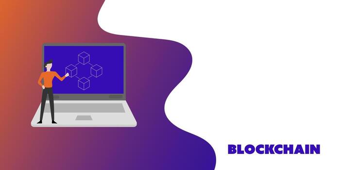 The businessman stands on a laptop and explains blockchain technology. Big data information exchanges digital currency and online payment. Cryptocurrency and technology concept. vector