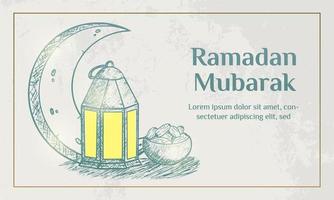 Ramadan Kareem Illustration With Crescent Moon And Lantern Concept. Hand Drawn Sketch Style vector