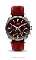 Realistic watch clock chronograph metal red leather strap on white design classic luxury for men vector
