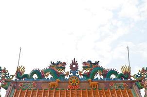 Dos grandes estatuas de dragones asiáticos de color verde jade en el techo de un templo foto
