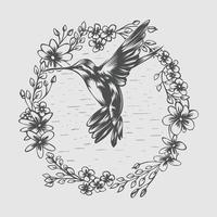 Vector illustration of a hummingbird in flight and surrounded by flowers