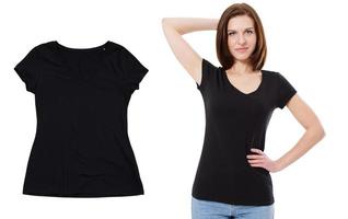 Black T-shirt set mock up isolated on white background. Girl lady t shirt mock up photo