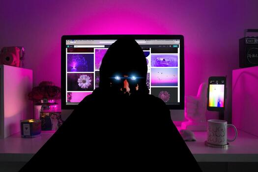Portrait of an anonymous man, hacker wearing black suit and mask sitting infront of computer suit background. photo