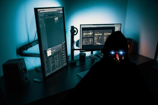 Portrait of an anonymous man, hacker wearing black suit and mask sitting infront of computer suit background. photo