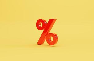Red percentage sign symbol on yellow for discount, sale promotion concept by 3d render. photo
