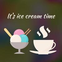 Ice cream and cup of coffee on dark blurred gradient background. Vector illustration. Banner for cafe and restaurant. Design template for websites and social media.