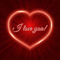 I love you Red Valentine s day greeting card with neon heart on shiny rays background. Romantic vector illustration. Easy to edit design template.