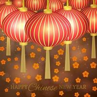 Chinese New Year vector illustration with lanterns and cherry blossom on bokeh background. Easy to edit design template for your projects. Can be used as greeting cards, banners, invitations etc.