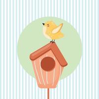 Cute little bird sitting on the bird house and enjoying the day. Vector illustration.