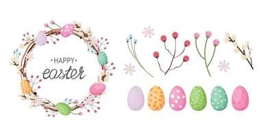 Colourful Easter wreath with painted eggs and plants. Spring design elements for any decorative project to Easter. Vector illustration.