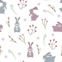 Seamless pattern with cute bunnies and willow branches. Beautiful pattern with rabbits and plants. For textile, wrapping paper, packaging. Vector pattern.