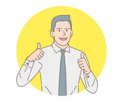 Smiling young businessman with two thumbs up hand gesture, cartoon hand drawn with thin stroke and yellow circle in the background, vector illustration