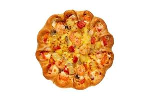 Cheesy shrimp crust pizza isolated on white background with clipping path. Top view. photo