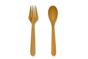 Top view of wooden spoon and fork isolated on white background with clipping path. photo