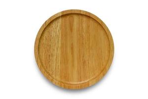 Empty wooden plate isolated on white background with clipping path. Top view of interlocking wood dish. photo