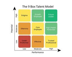 El modelo de talento de 9 cuadros o la cuadrícula de 9 cuadros es una herramienta que se utiliza para analizar, mostrar y comparar el desempeño laboral y el potencial de los empleados. vector