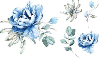 ramo de peonía de flor azul y cactus con acuarelas.adecuado para decorar tarjetas de invitación de boda. vector