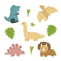 lindo juego de dinosaurios. lindas imágenes prediseñadas de dino. pterodáctilo, triceratops, brontosaurio, tiranosaurio. dinosaurio de dibujos animados. vector