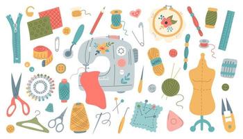 Big set of sewing elements for needlework and embroidery. Scissors, needles, thread, sewing machine and buttons. Vector illustration in flat style