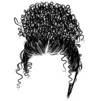 vector Hand drawn curly hairstyle- hair bun of a beautiful girl and baby hairs.