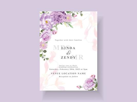 Beautiful purple flowers wedding invitation card template