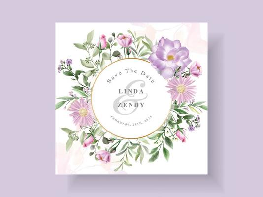 Beautiful purple flowers wedding invitation card template