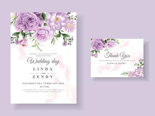 Beautiful purple flowers wedding invitation card template