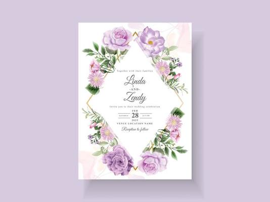 Beautiful purple flowers wedding invitation card template