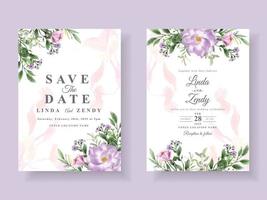 Beautiful purple flowers wedding invitation card template vector