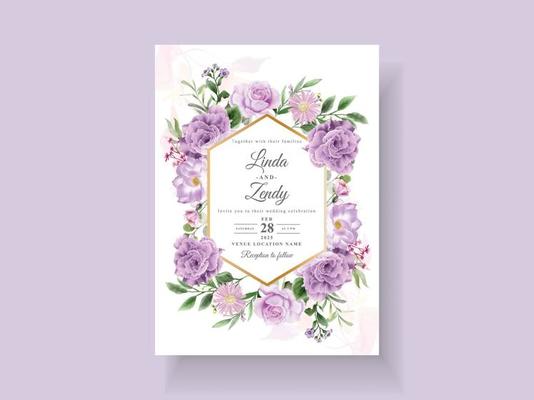 Beautiful purple flowers wedding invitation card template