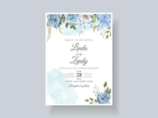 Beautiful blue flowers wedding invitation card template