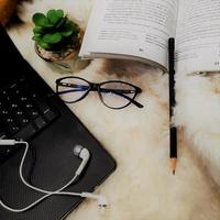 A laptop with an earphone, an open book, a black pencil and medical glasses placed next to a small green vase on a white fur base photo