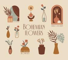 Vector bohemian flowers in a vase. Abstract modern minimalist  set. Flat aesthetic illustrations