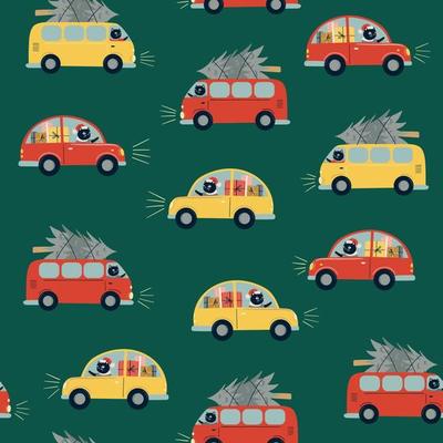 Seamless vector pattern with black cat driver, car, bus and Christmas tree