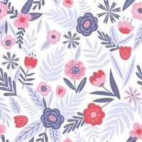 Seamless pattern with plants and spring flowers. Vector design perfect for fabric, textile, wrapping paper, wallpaper and print.