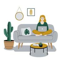 Happy woman is working on a laptop and sitting on sofa. Freelance, work at home concept. Modern interior of the room. Flat style vector illustration.