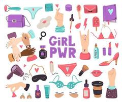 Vector feminism concept set. Girl power collection with different items, hand gestures, cosmetics and  girls stuff . Woman elements for prints, stiskers, decoration, design.